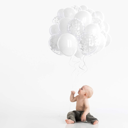 Set 10 Baloane din Latex, Cyrax, Model Party, 30 cm, 5x Alb, 5x Transparent Confetti, 2.8 g