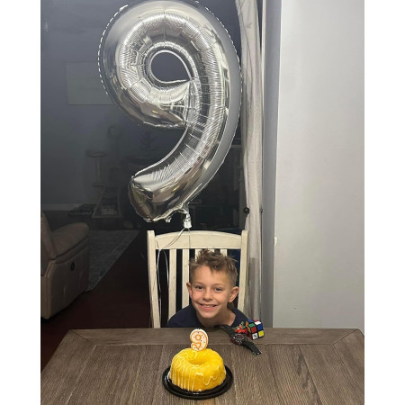 Balon din Folie Metalizata, Cyrax, Figurina Cifra, Tema Aniversare 80 cm, Ambalaj Individual, Pai inclus, Umflare cu Aer sau Heliu, Argintiu, Cifra 9