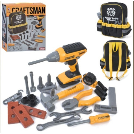 Set Scule de Jucarie pentru Copii, Cyrax, Ghiozdan cu Bormasina si Accesorii Incluse, 28 Piese, Material Plastic Durabil, Interactiv, +3 Ani, 30.5x25x11 cm, Negru/Portocaliu