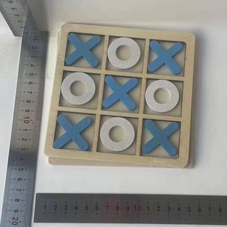 Jucarie Montessori Tic Tac Toe, Cyrax, Educativa, Interactiva, din lemn, X si O, 9 Piese, 14.3x14.3 cm, Albastru Alb