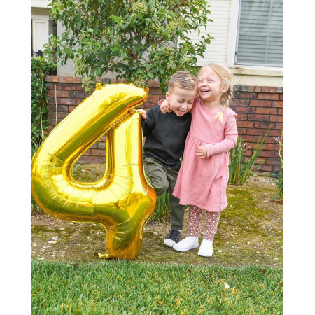 Balon din Folie Metalizata Cyrax, Figurina Cifra, Tema Aniversare 80 cm, Ambalaj Individual, Pai inclus, Umflare cu Aer sau Heliu, Auriu, Cifra 4