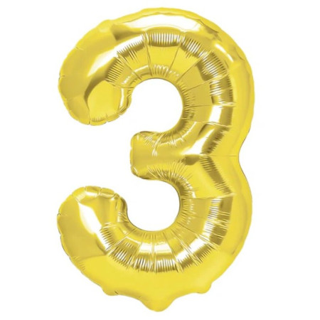 Balon din Folie Metalizata Cyrax, Figurina Cifra, Tema Aniversare 80 cm, Ambalaj Individual, Pai inclus, Umflare cu Aer sau Heliu, Auriu, Cifra 3
