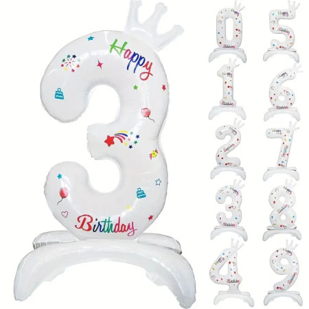 Balon din Folie Metalizata, Cyrax, Figurina Cifra, Model 3 cu Happy Birthday Scris, Tema Aniversare 81 cm, Ambalaj Individual, Pai Inclus, Umflare cu Aer sau Heliu, Alb