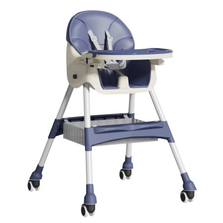 Scaun de Masa pentru Bebelusi si Copii, Cyrax, cu Roti, Telescopic, Pliabil, Masuta Reglabila, Suport Picioare, Scaun cu Invelis Piele Artificiala, Centura Siguranta, Spatiu Depozitare, 97x73x65 cm, Albastru