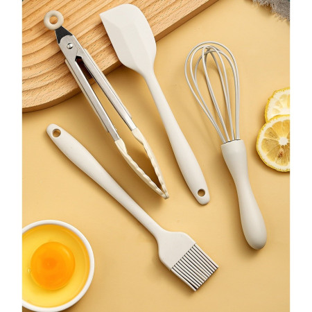 Set 5 Ustensile de Bucatarie, Cyrax, din Silicon+Inox, Termorezistente, Antiaderente, 28 x 26 x 2 cm, Alb Maro