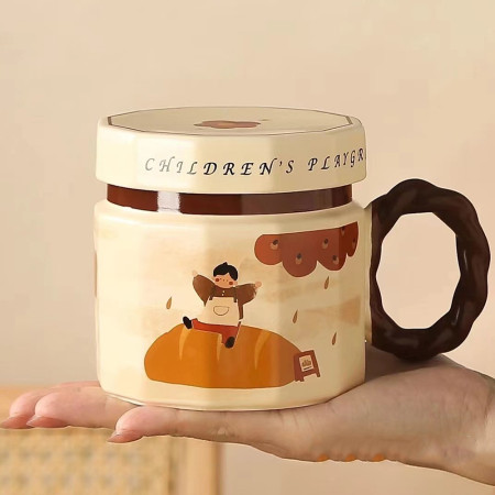 Cana din ceramica, Cyrax, Cana pentru Cafea, Ceai, Cana Universala, Unisex, Cana cu Capac, 9 x 8 x 8 cm, 400 ml, Model Baietel Bej