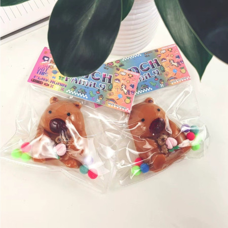 Jucarie Antistres Squishy, Cyrax, cu Revenire Lenta, Squeeze Pinch Family, Model Urs, Ambalaj Transparent, 4.5 x 7.2 cm, Maro