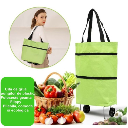 Geanta Pliabila,  2 in 1, Carucior cu Roti, pentru Cumparaturi, 19 l, Verde, Plastic, 39 x 46 x 12 cm