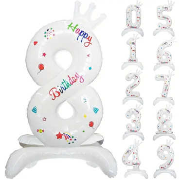 Balon din Folie Metalizata, Cyrax, Figurina Cifra, Model 8 cu Happy Birthday Scris, Tema Aniversare 81 cm, Ambalaj Individual, Pai Inclus, Umflare cu Aer sau Heliu, Alb