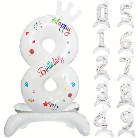 Balon din Folie Metalizata, Cyrax, Figurina Cifra, Model 8 cu Happy Birthday Scris, Tema Aniversare 81 cm, Ambalaj Individual, Pai Inclus, Umflare cu Aer sau Heliu, Alb