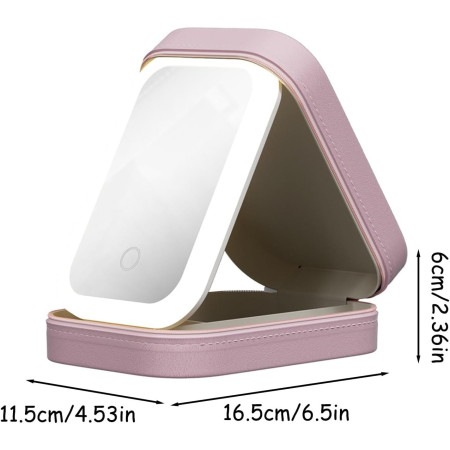 Portfard, Cyrax, Geanta Cosmetice, cu Oglinda LED, 3 Moduri de Lumina, Incarcare USB, Baterie 1200 mAh, pentru Organizarea Cosmeticelor, 4 Compartimente, Imitatie Piele, Roz, 16.5x11.5x6 cm