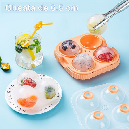 Set 2 forme sfere de gheata pentru wiskey si cocktail-uri Cyrax, 4 sfere, material plastic/silicon alimentar, diametru 6.5 cm, cu orificiu tip palnie pentru umplere, 17 x 17 x 7 cm, multicolor