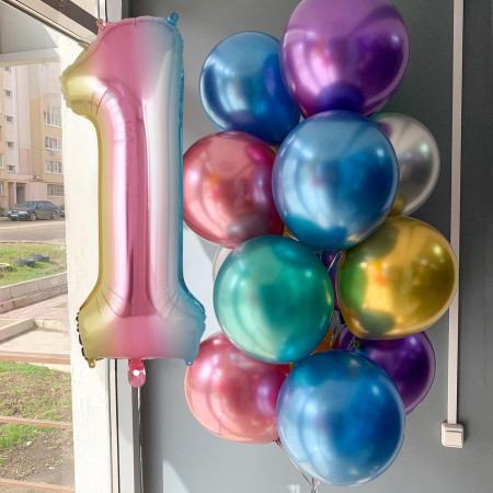 Balon din Folie Metalizata Cyrax, Figurina Cifra Gradient, Tema Aniversare 40 cm, Ambalaj Individual, Pai inclus, Umflare cu Aer sau Heliu, Multicolor, Cifra 1