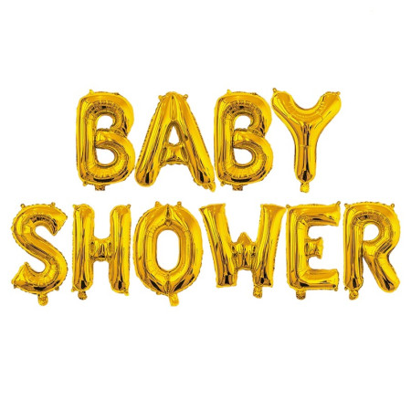 Set Baloane din Folie Metalizata, Cyrax, Model Baby Shower, Litere de 40 cm, Baloane Party, Ambalaj Individual, Pai, Ata si Adeziv Incluse, Umflare cu Aer sau Heliu, Auriu
