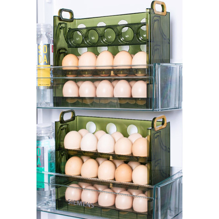 Suport Organizator pentru Oua, Cyrax, pentru Frigider, Verde transparent, Capacitate 30 oua, Trei straturi, cu Data de Expirare, 25.5x10x23 cm