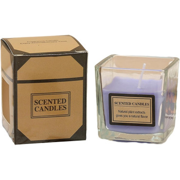 Lumanare Parfumata,  Model Pahar Transparent, cu Ulei Esential, 4.8 x 5.4 x 5.5 cm, Aroma de Lavanda, Mov