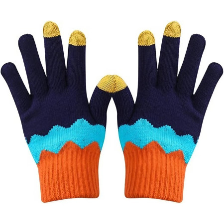 Manusi de Dama,  Model Ondulat, Functie Touchscreen (ecran tactil), Material Acril Tricotat, Manseta Elastica, Interior Catifelat, Marime Universala, Portocaliu/Albastru