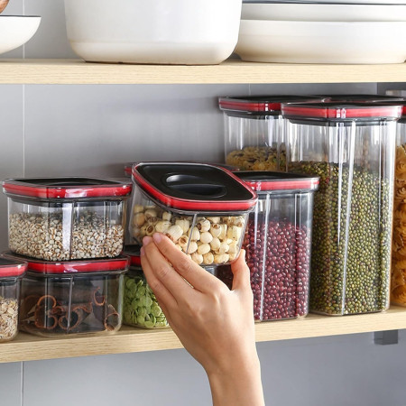 Cutii de Depozitare Alimente, Cyrax, Set din 5 Cuti de tip Container, Recipiente pentru Cereale in Bucatarie,  Transparente cu Capac Negru