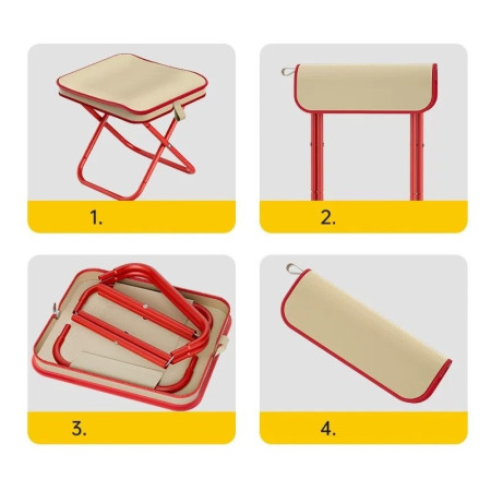 Scaun Pliabil,  pentru Adulti, Portabil, pentru Camping, Pescuit, din Panza Oxford si Cadru Metalic, 24 x 24 x 28 cm, Rosu/Bej