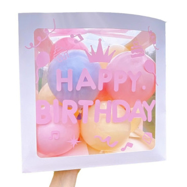 Cutie pentru Baloane, Cyrax, Tematica Aniversare, Model Scris Happy Birthday, Baloane Albastre, Roz, Galbene si Panglica Incluse, Contur Alb, Transparenta, 30x30 cm
