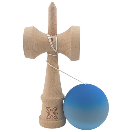 Kendama X Originala, Profesionala, Cyrax, din Lemn, Rubber Grip, 18 cm, Albastru/Gri/Bleu
