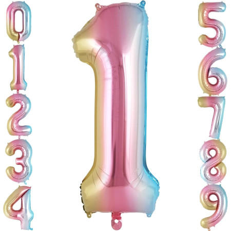 Balon din Folie Metalizata Cyrax, Figurina Cifra Gradient, Tema Aniversare 40 cm, Ambalaj Individual, Pai inclus, Umflare cu Aer sau Heliu, Multicolor, Cifra 1