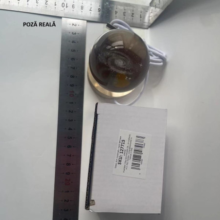 Lampa LED Decorativa,  cu Bila de Cristal cu Diametru 6cm, Model Galaxie 3D, Alimentare USB, Suport din Lemn, Lumina Alb Cald