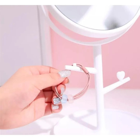 Oglina Cosmetica cu Picior, Cyrax, HD, Rotire 360 Grade, 15 cm Diametru, Suport Bijuterii Baza Rotunda + 2 Brate, Model cu Urechi, 31 x 14.5 x 15 cm, din Plastic, Alb