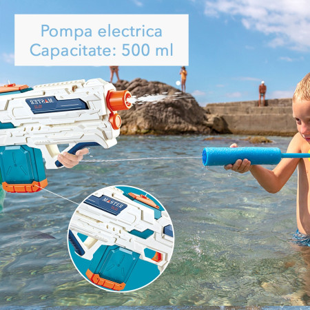Pistol cu Apa pentru Copii 14+ ani, Cyrax, Rezervor 600ml, cu baterie 1200mAh, Electric Burst, Alb/Albastru