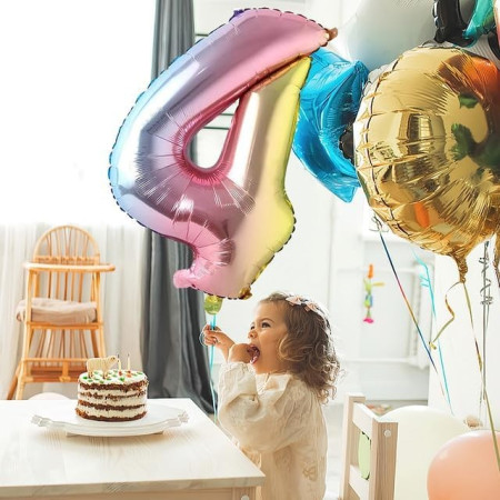 Balon din Folie Metalizata Cyrax, Figurina Cifra, Tema Aniversare 40 cm, Ambalaj Individual, Pai inclus, Umflare cu Aer sau Heliu, Multicolor, Cifra 4