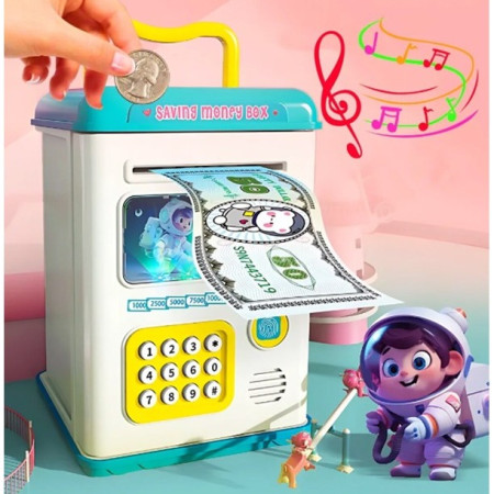 Set Pusculita pentru Copii, Cyrax, Tip ATM, Parola cu Amprenta, 13.5 x 11.5 x 20 cm, Albastru