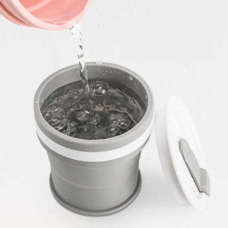 Pahar pliabil din silicon Cyrax, prentru calatorii, 350 ml, pai inclus, 9 x 9.2 cm, gri