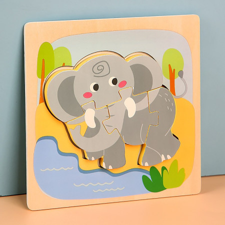 Puzzle Montessori din Lemn pentru Copii, Cyrax, 3D, 0-3 Ani, Model Elefant, Educativ, Intuitiv, Creativ, 4 Piese, 15x15x0.5 cm, Multicolor