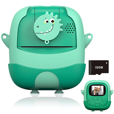 Camera Instantanee pentru Copii, Cyrax, cu Functie de Printare, Cablu USB-C, Bluetooth, Compatibil iOS/Android, Camera Frontala + Selfie, Model Iepure, Snur Inclus, Verde