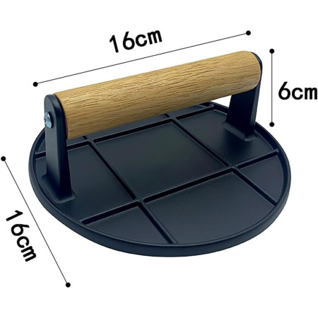 Presa Manuala pentru Carne, Cyrax, din Aliaj de Aluminiu, Maner din Lemn, Presa pentru Burgeri, Usor de Curatat si Folosit, Rotunda, 16x16x6 cm, Neagra