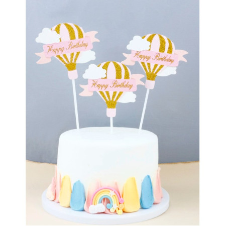 Set 3 Toppere pentru Tort, Cyrax, Model Balon cu Aer Cald Happy Birthday, Tematica Aniversare, Roz