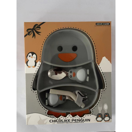 Set diversificare bebelusi Cyrax, din silicon, 23.5 x 12.5 cm, 1 farfurie compartimentata in forma de pinguin, lingurita si furculita, pai, perie pai, fara alergeni, ventuza fixare,  forma creativa,  gri