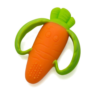 Jucarie dentitie bebelusi Cyrax, morcov, 10x7.5x2.8 cm, cu manere de prindere, material silicon non-toxic, fara miros, portocaliu