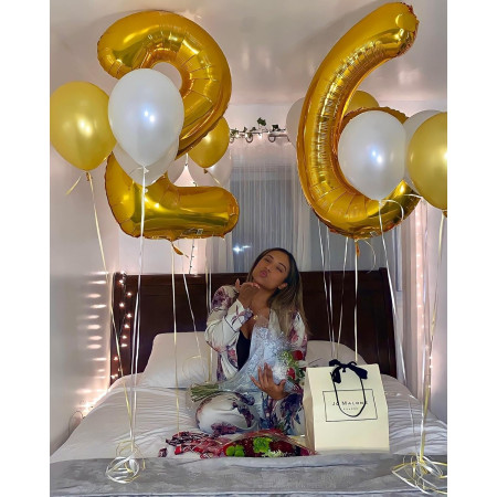 Balon din Folie Metalizata Cyrax, Figurina Cifra, Tema Aniversare 80 cm, Ambalaj Individual, Pai inclus, Umflare cu Aer sau Heliu, Auriu, Cifra 6