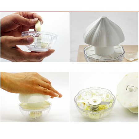 Cyrax Tocator manual pentru usturoi, in forma de usturoi, cutite rezistente, utilizare prin apasare, material ABS si inox, 9.5x9.5x9.3 cm, alb