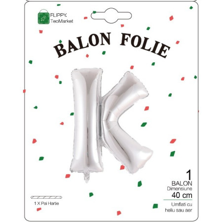 Balon Folie Metalizata Litera K, Cyrax, 40 cm, Umflati cu Heliu sau Aer, Ambalaj Individual, Pai inclus, Argintiu