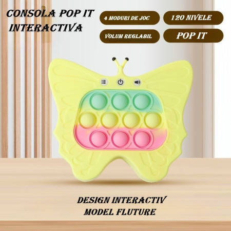 Jucarie Interactiva Tip Consola pentru Copii, Cyrax, Diferite Moduri de Joc, 120 Nivele, Material ABS/silicon, cu Nivele, Sunete si Lumini, 12 x 5.5 x 13.5 cm cm, Model Fluture, Galben