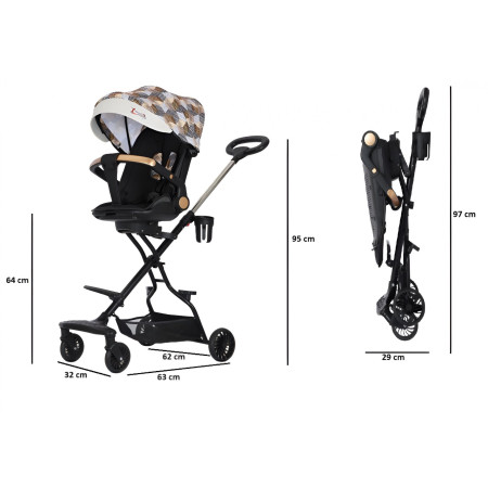 Carucior Sport Cyrax 3in1, 6-36 Luni, Reversibil, Pliabil, Tavita pentru Masa, Pozitie de Somn, Centura de Siguranta, Roti 360, Suport Pahar, Copertina pentru Soare, 32x63x95cm, Maro Model Carouri