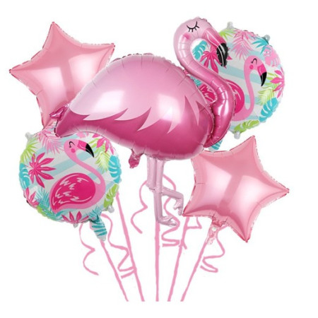 Baloane aniversare Flamingo Party, Cyrax, din Folie de aluminiu si Latex, set din 5 baloane, 1 Flamingo, 2 Stele, 2 rotunde, 60 x 90 cm, Adeziv si pai inclus Rose