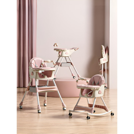 Scaun de Masa pe Roti pentru Copii, Cyrax, 2 Tavite si Husa Detasabile, Multifuncțional, Stabil, Centura de Siguranta, Spatar Reglabil Moale, Balansoar, Cos de Depozitare, de la 6 Luni, Roz
