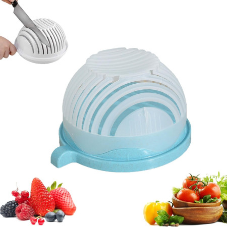 Bol Feliator pentru Salata, Cyrax, Castron Multifunctional pentru Legume si Fructe, pentru Spalat si Taiat Legumele, cu Scurgere si Tocator, Ergonomic, Protectie pentru Maini, 21x18.5x11.5 cm, Albastru