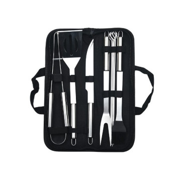 Set 9 Ustensile pentru Gratar, Cyrax, din Otel Inoxidabil, Geanta Oxford, Argintiu