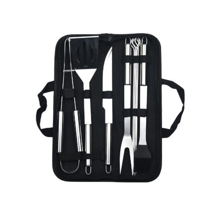 Set 9 Ustensile pentru Gratar, Cyrax, din Otel Inoxidabil, Geanta Oxford, Argintiu