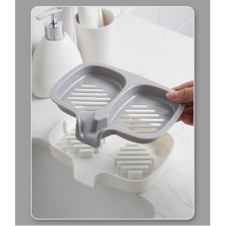 Savoniera Dubla,  Sistem de Scurgere a Apei, din ABS, 14.5 x 18 x 3 cm, Alb/Gri