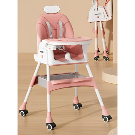 Scaun de Masa pentru Bebelusi si Copii Cyrax, cu Roti, cu Tetiera, Telescopic, Pliabil, Masuta Reglabila, Suport Picioare, Scaun cu Invelis Piele Artificiala, Centura Siguranta, Spatiu Depozitare, 97 x 73 x 65 cm, Roz